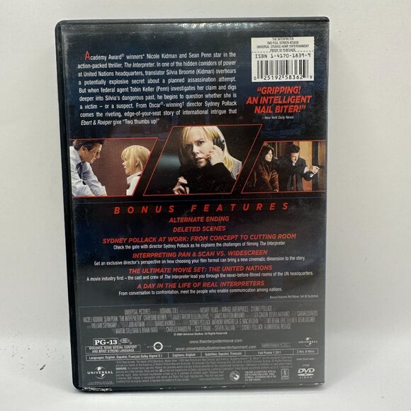 The Interpreter Full Screen DVD Nicole Kidman Sean Penn Thriller Rated PG-13 - Picture 2 of 3